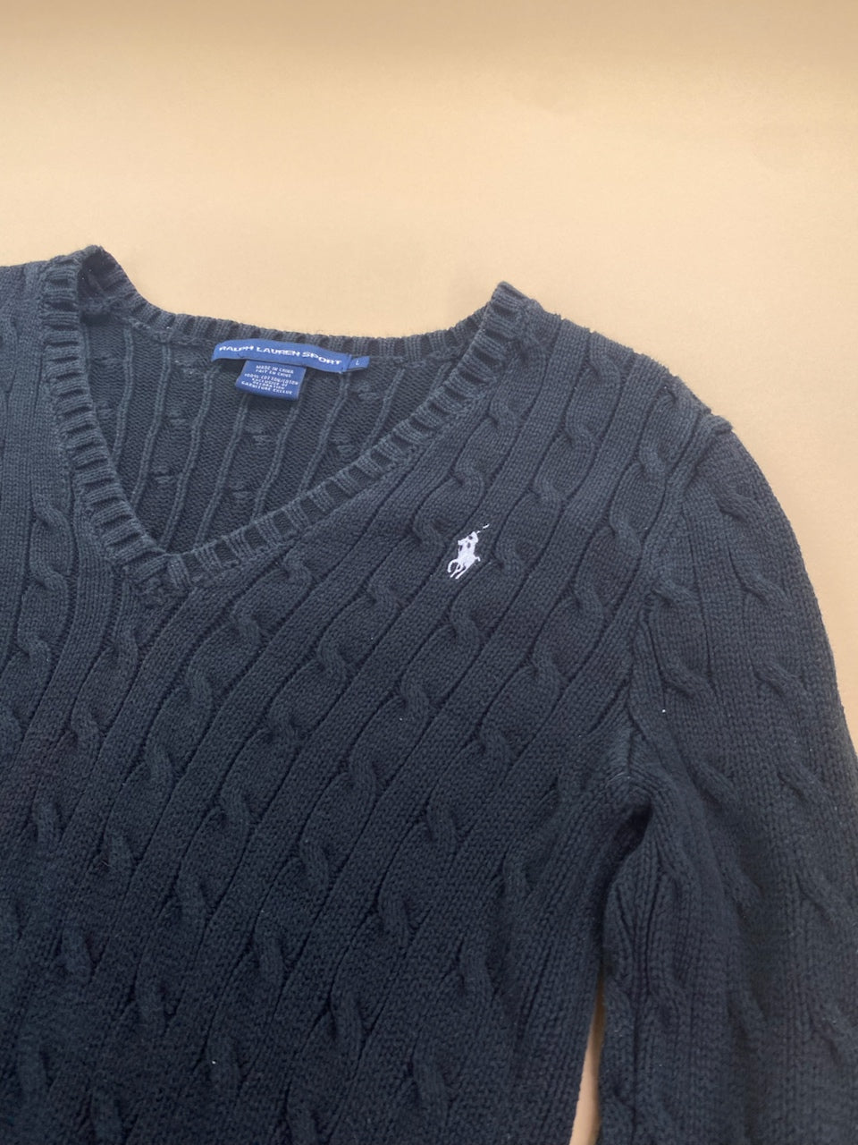 Pull Ralph Lauren col V torsadé noir – Femme L, photo 3