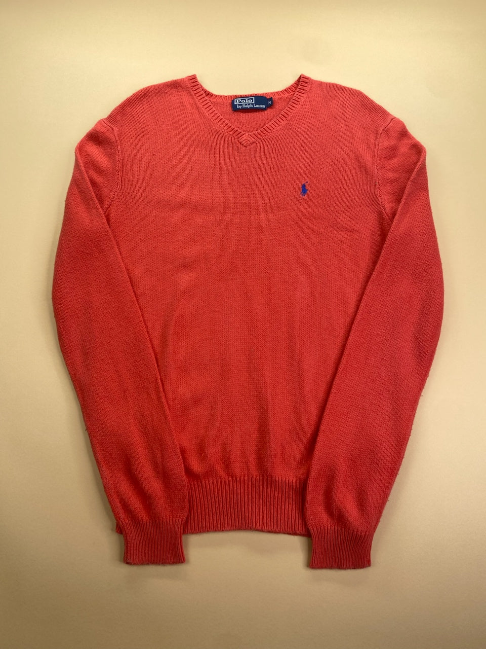 Pull Ralph Lauren col V rouge corail en soie – Homme M, vue de face
