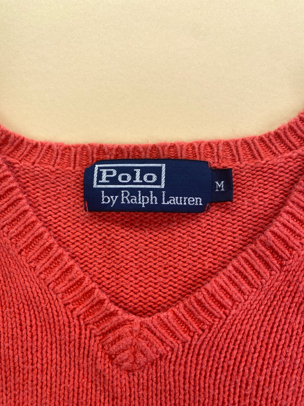 Pull Ralph Lauren col V rouge corail en soie – Homme M, photo 5
