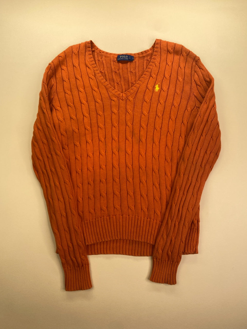 Pull Ralph Lauren col V torsadé orange – Femme L, vue de face