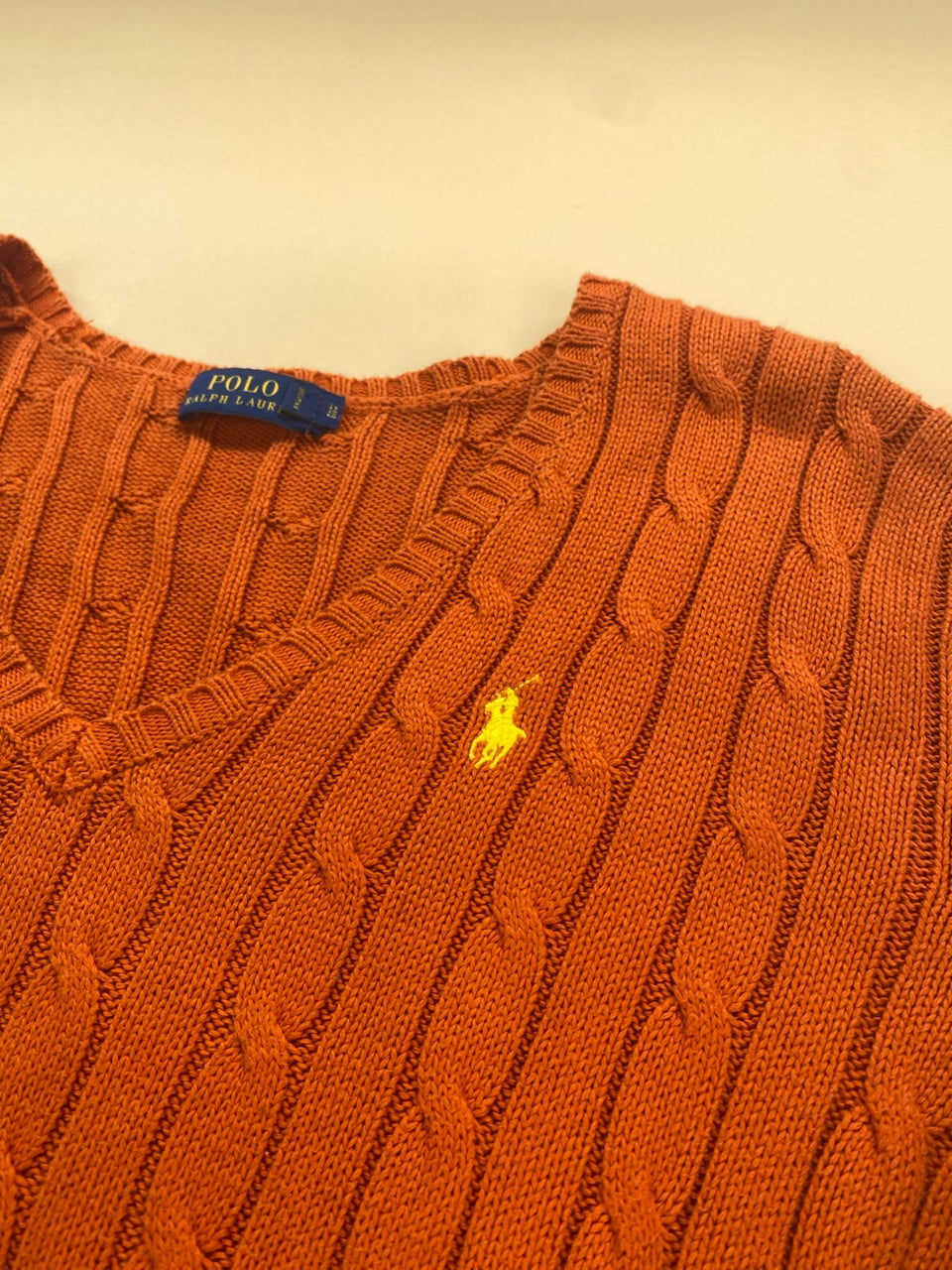 Pull Ralph Lauren col V torsadé orange – Femme L, photo 3