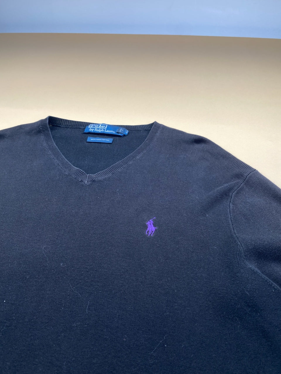 Pull Ralph Lauren col V noir et violet en coton Pima – Homme L, photo 4
