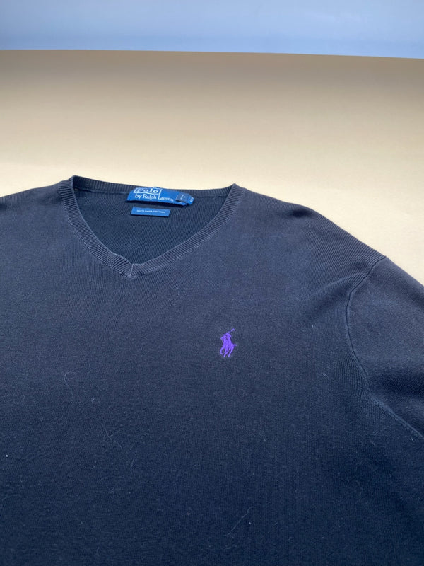 Pull Ralph Lauren col V noir et violet en coton Pima – Homme L, photo 4