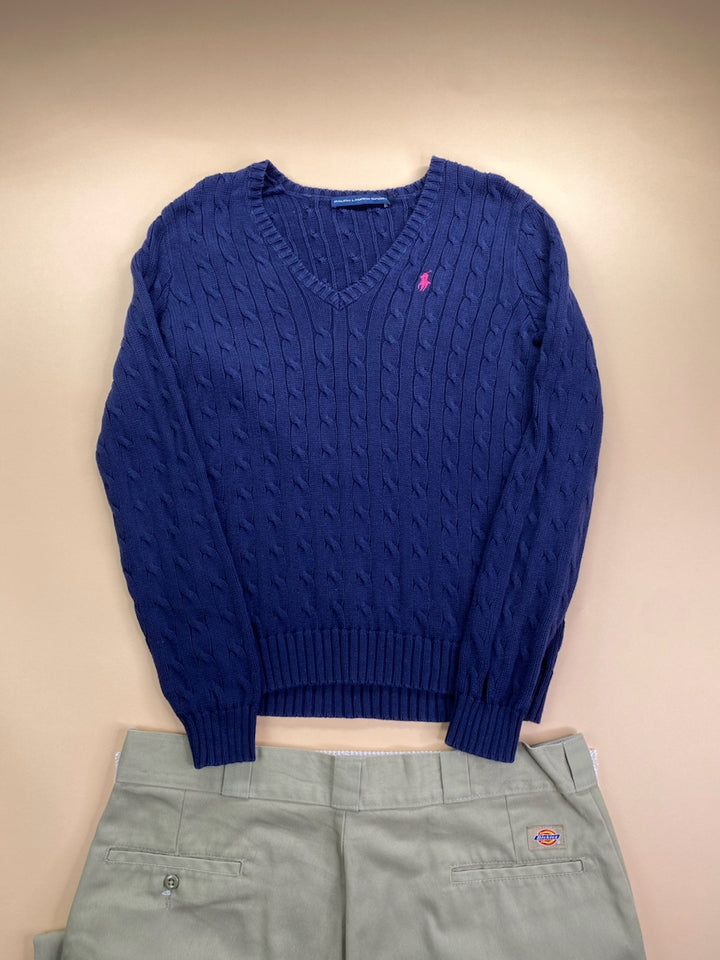 Pull Ralph Lauren col V torsadé bleu marine et rose – Femme L, vue de face