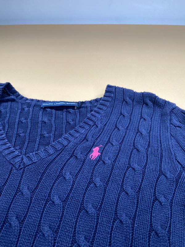 Pull Ralph Lauren col V torsadé bleu marine et rose – Femme L, photo 3