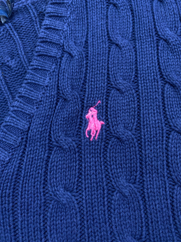 Pull Ralph Lauren col V torsadé bleu marine et rose – Femme L, photo 4