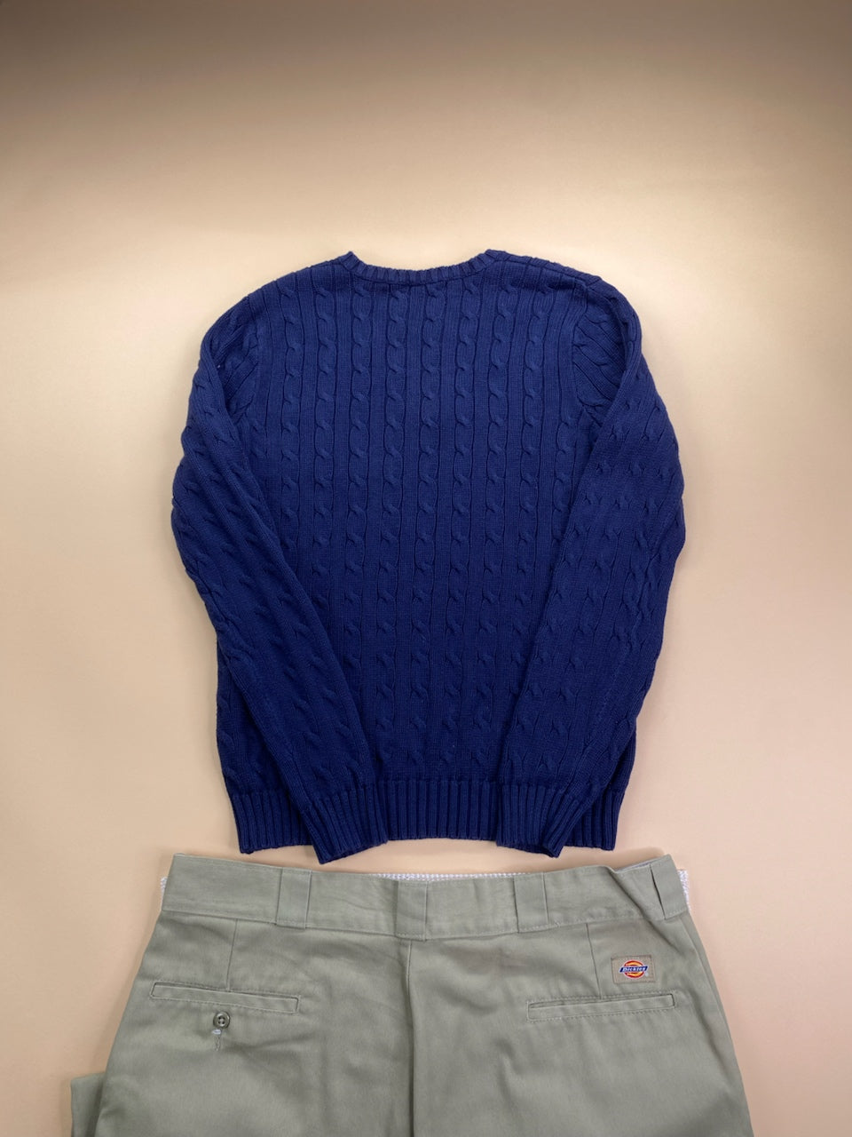 Pull Ralph Lauren col V torsadé bleu marine et rose – Femme L, photo 6