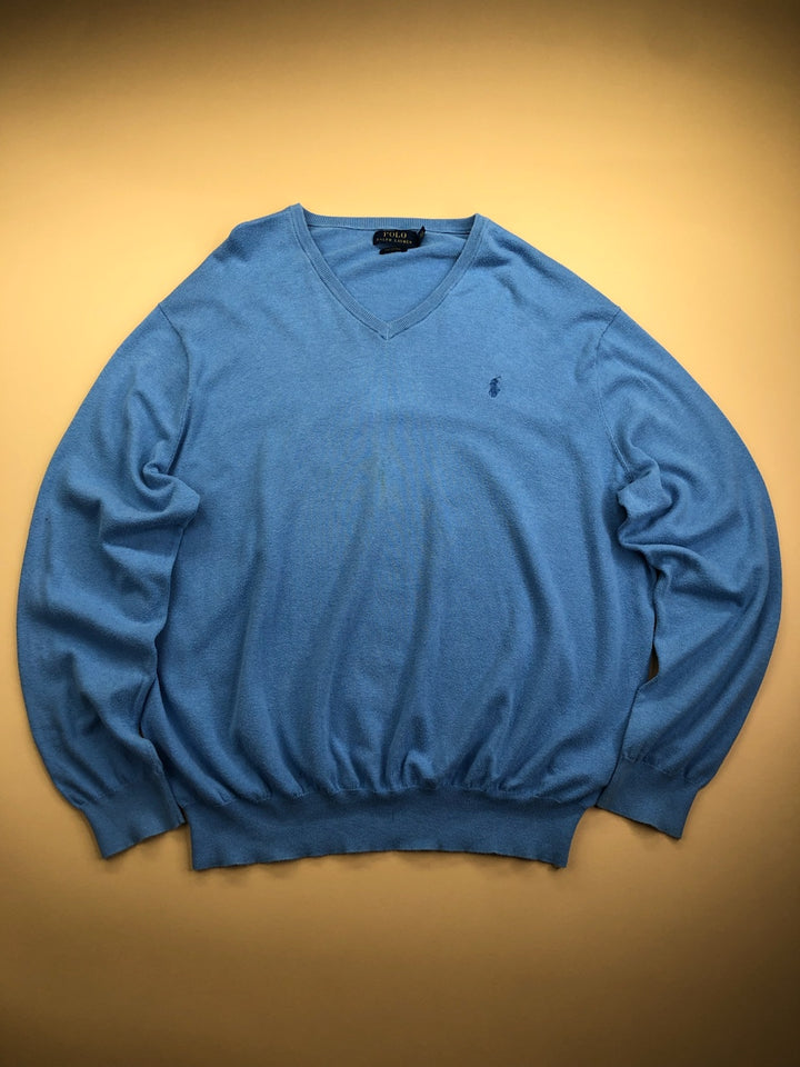 Pull Ralph Lauren col V bleu ciel en coton Pima – Homme XXL, vue de face
