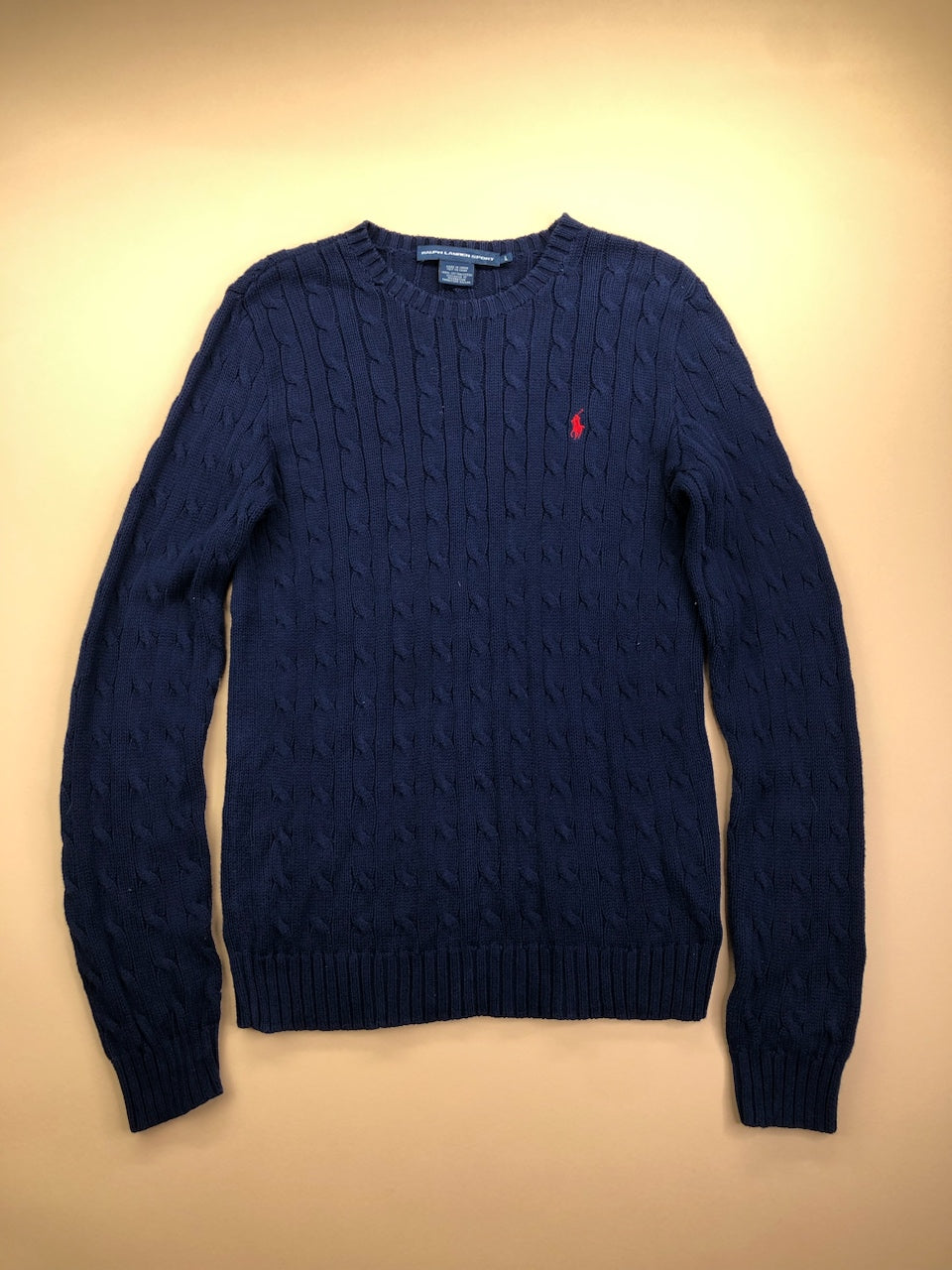 Pull Ralph Lauren col rond torsadé bleu marine – Homme L, vue de face