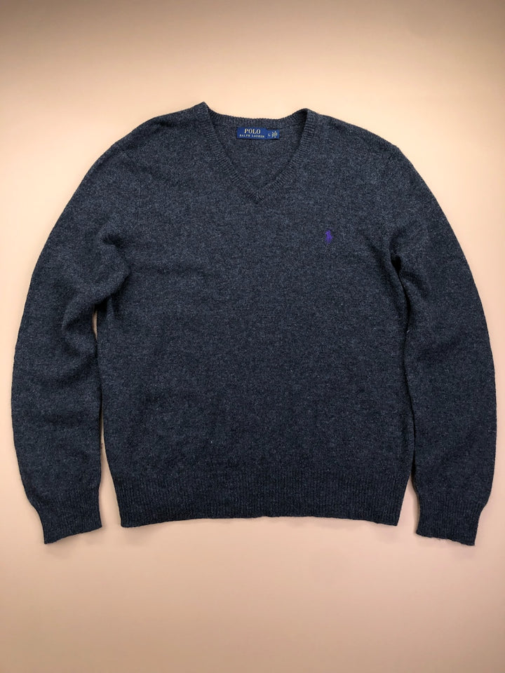 Pull Ralph Lauren col V gris et violet en laine – Homme L, vue de face