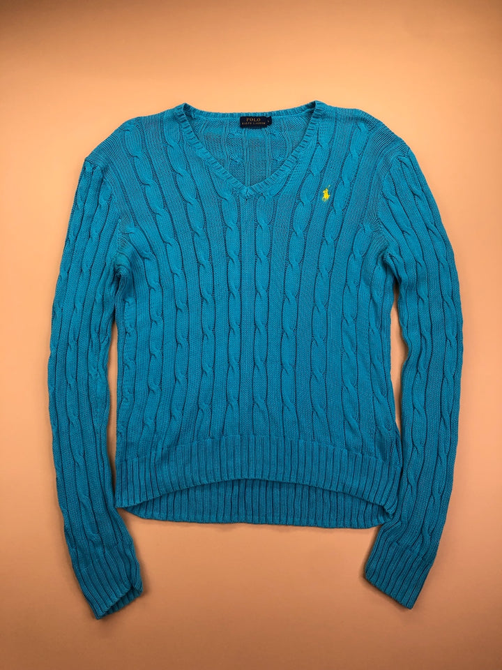 Pull Ralph Lauren col V torsadé turquoise et jaune – Femme L, vue de face