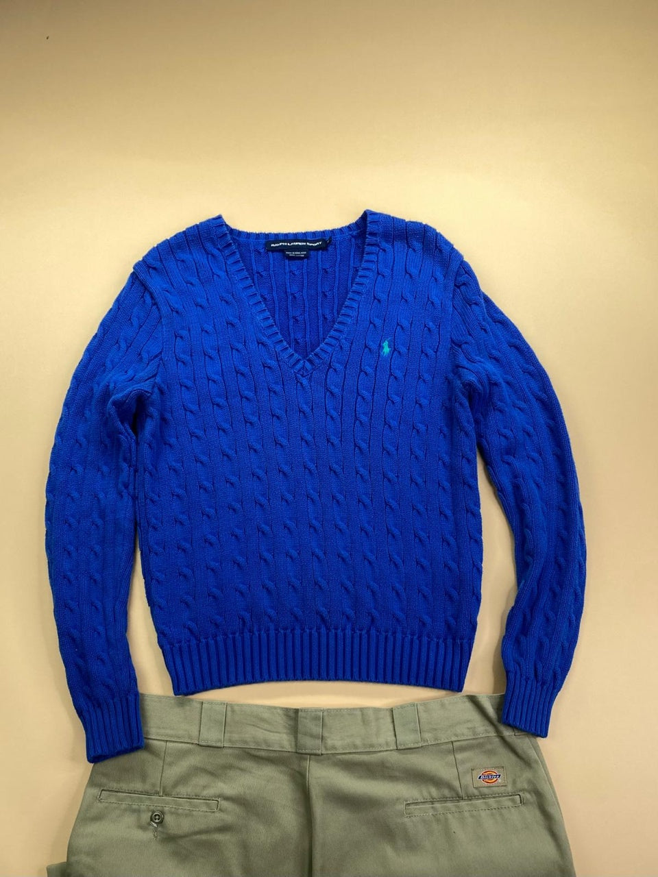 Pull Ralph Lauren col V torsadé bleu électrique et vert – Femme XL, vue de face