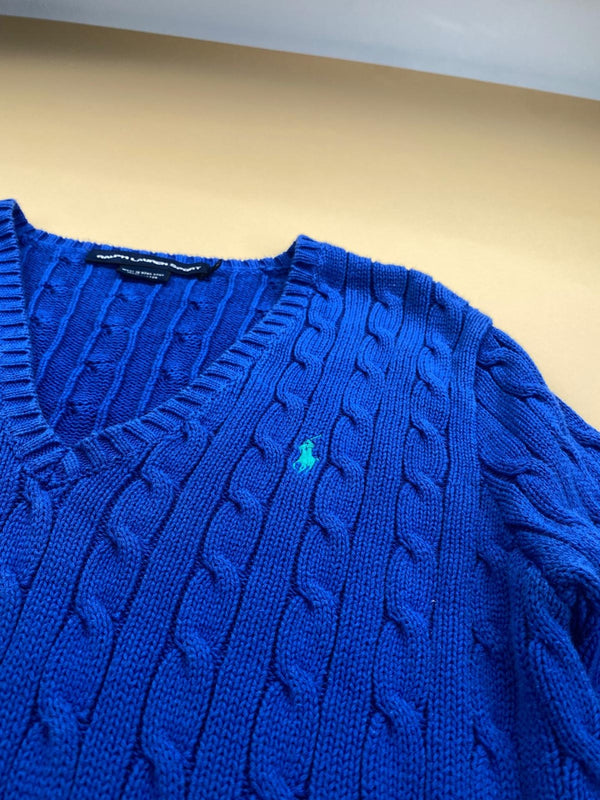 Pull Ralph Lauren col V torsadé bleu électrique et vert – Femme XL, photo 3