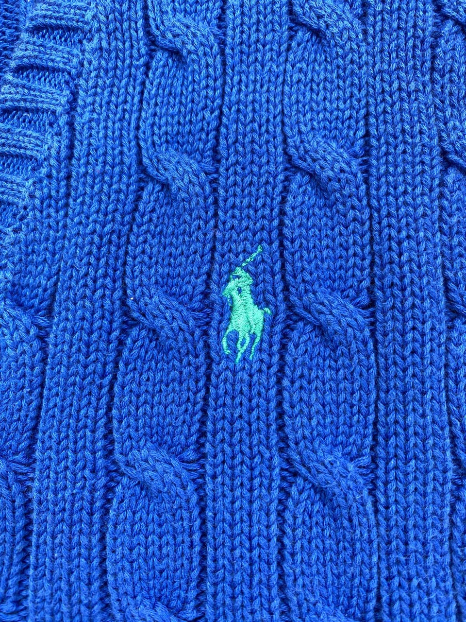 Pull Ralph Lauren col V torsadé bleu électrique et vert – Femme XL, photo 4