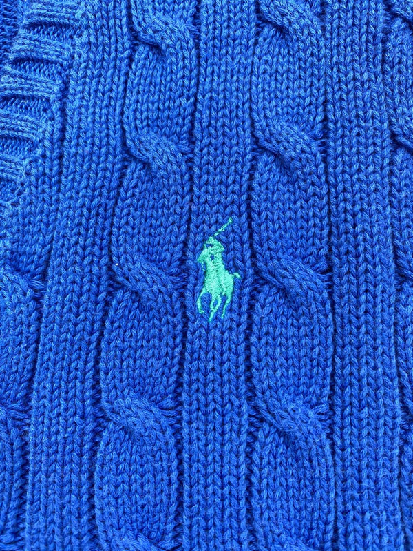 Pull Ralph Lauren col V torsadé bleu électrique et vert – Femme XL, photo 4