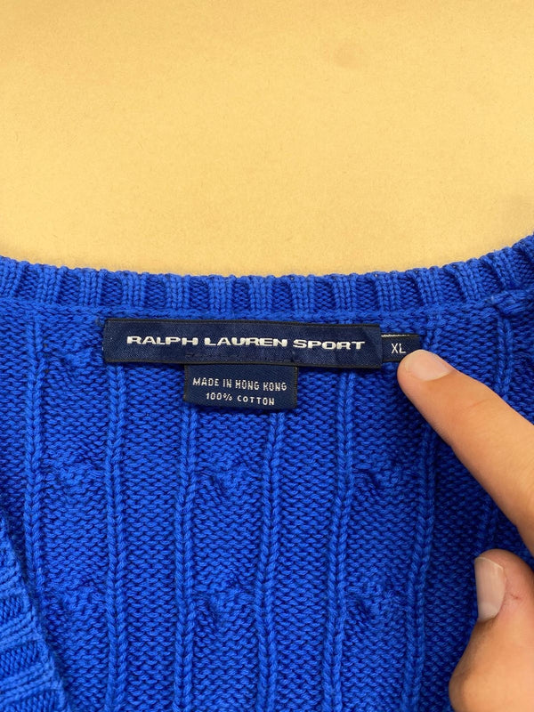 Pull Ralph Lauren col V torsadé bleu électrique et vert – Femme XL, photo 5