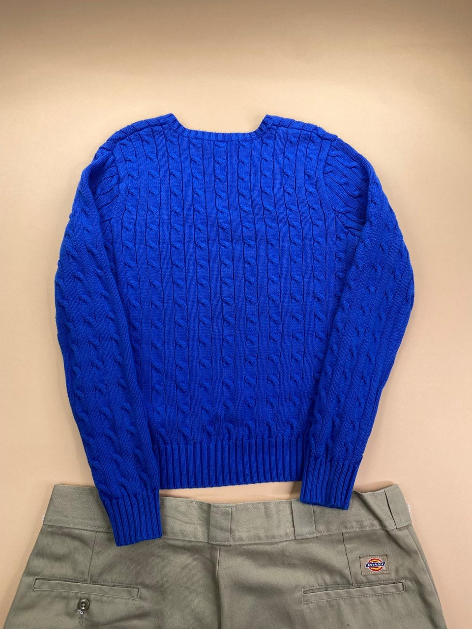 Pull Ralph Lauren col V torsadé bleu électrique et vert – Femme XL, photo 8