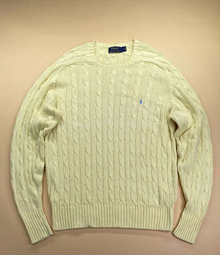 Pull Ralph Lauren col rond torsadé jaune et bleu – Homme L, vue de face