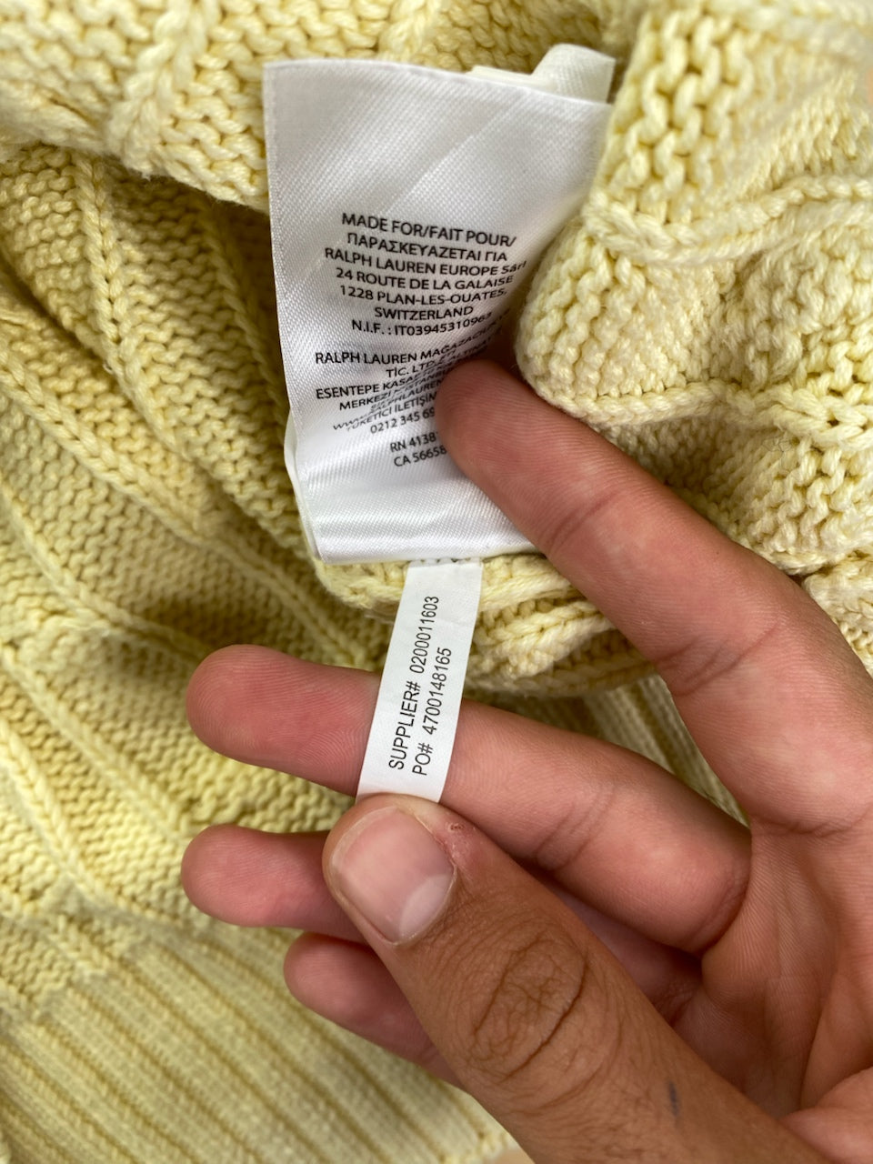 Pull Ralph Lauren col rond torsadé jaune et bleu – Homme L, photo 7