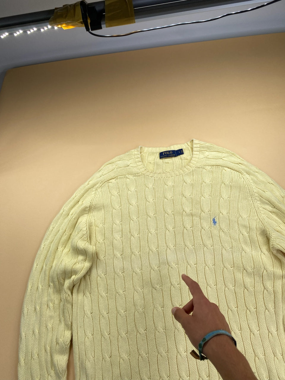 Pull Ralph Lauren col rond torsadé jaune et bleu – Homme L, photo 9