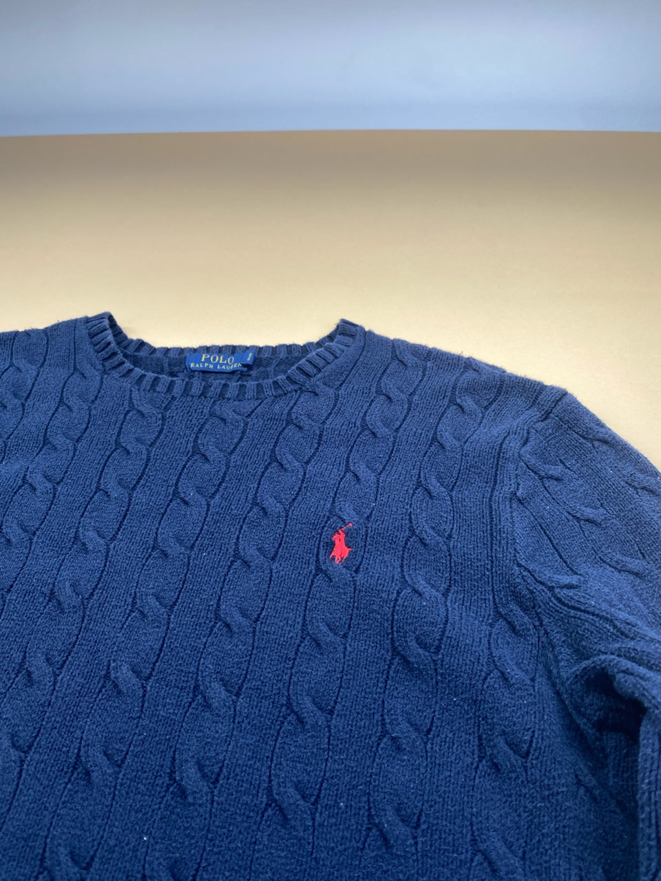 Pull Ralph Lauren col rond torsadé bleu marine et rouge – Homme XL, photo 3