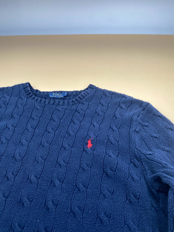 Pull Ralph Lauren col rond torsadé bleu marine et rouge – Homme XL, photo 3