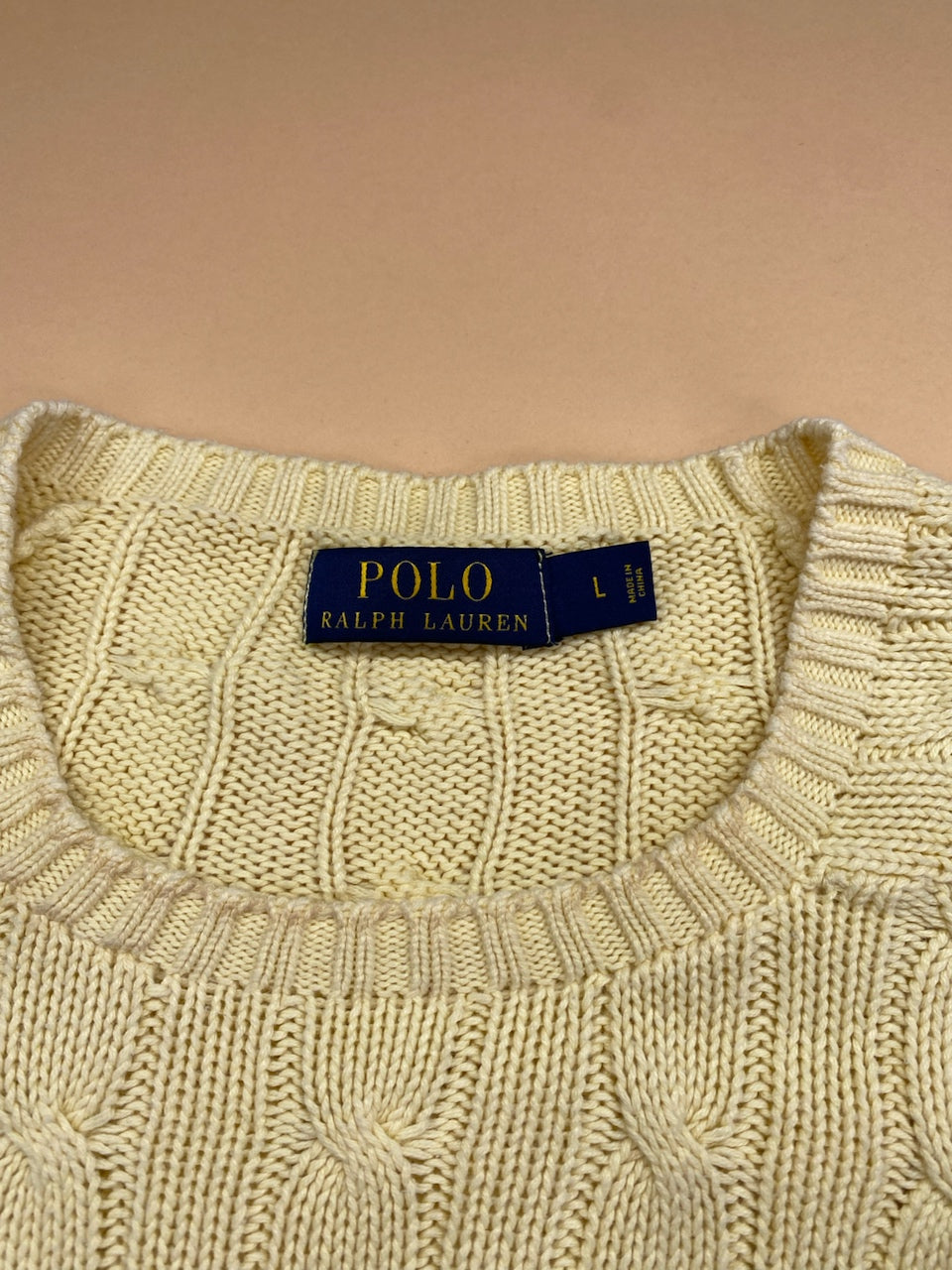 Pull Ralph Lauren col rond torsadé jaune et bleu – Homme L, photo 4