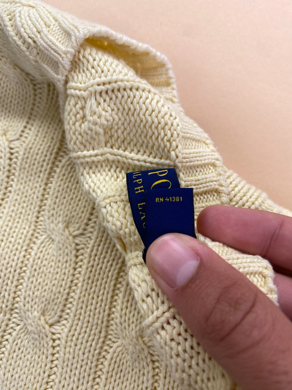 Pull Ralph Lauren col rond torsadé jaune et bleu – Homme L, photo 5