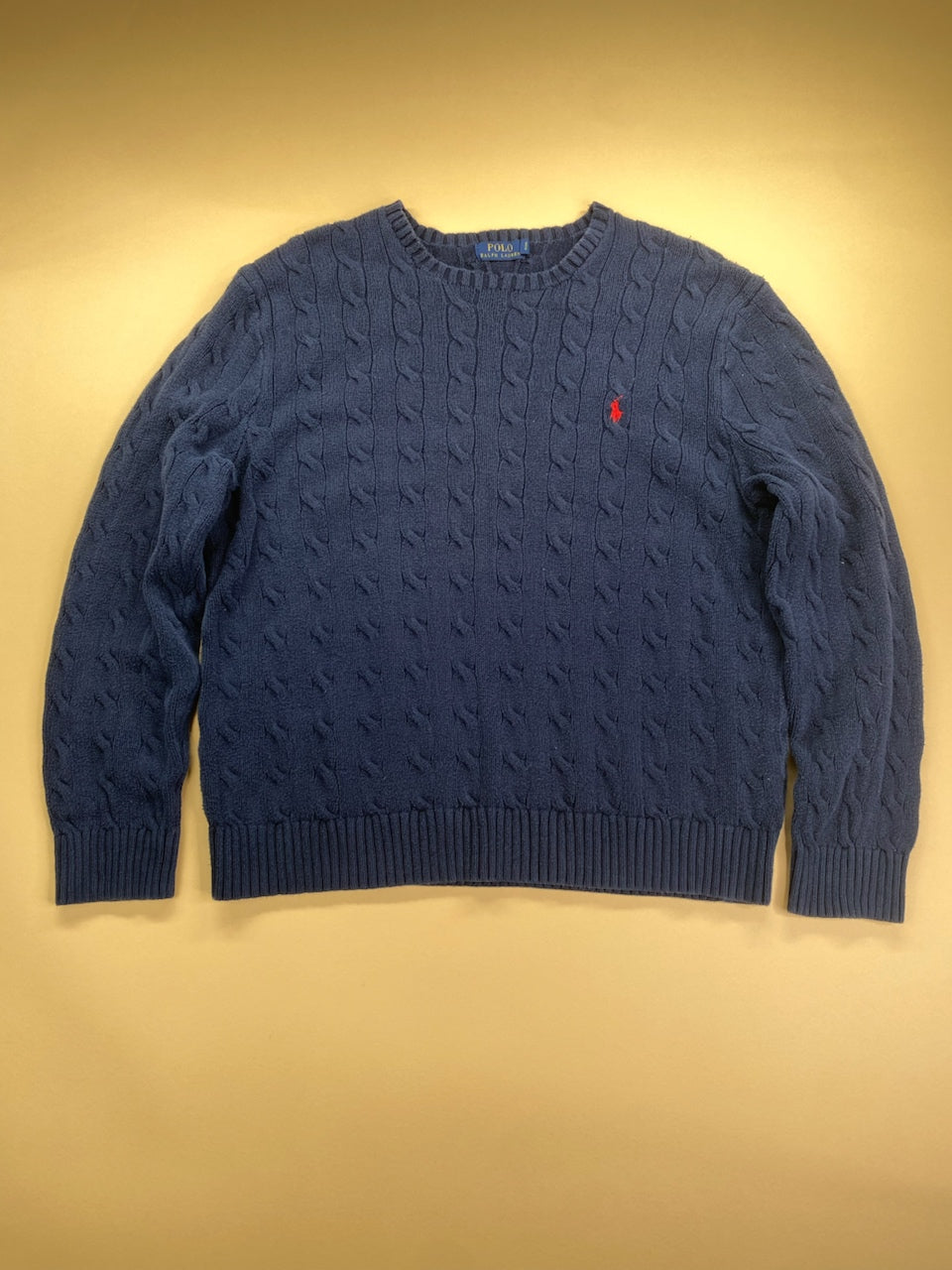 Pull Ralph Lauren col rond torsadé bleu marine et rouge – Homme XL, vue de face
