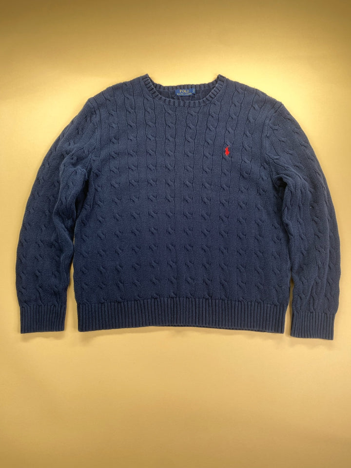 Pull Ralph Lauren col rond torsadé bleu marine et rouge – Homme XL, vue de face