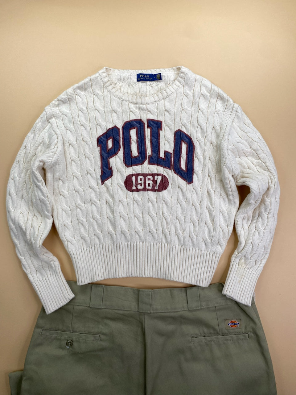 Pull Ralph Lauren col rond torsadé écru, bordeaux et bleu marine – Femme S, vue de face