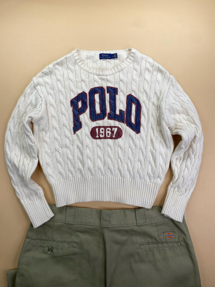 Pull Ralph Lauren col rond torsadé écru, bordeaux et bleu marine – Femme S, vue de face