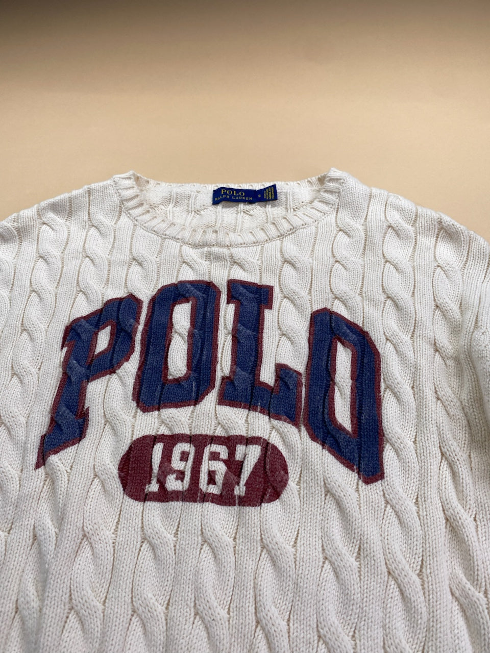 Pull Ralph Lauren col rond torsadé écru, bordeaux et bleu marine – Femme S, photo 3