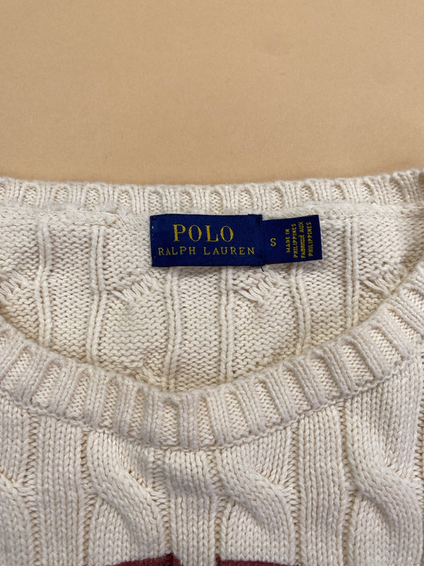Pull Ralph Lauren col rond torsadé écru, bordeaux et bleu marine – Femme S, photo 4