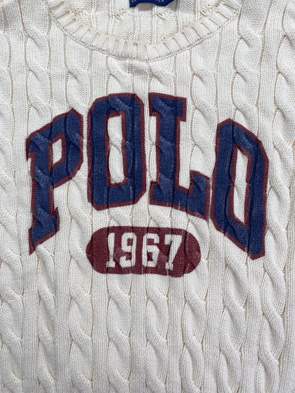 Pull Ralph Lauren col rond torsadé écru, bordeaux et bleu marine – Femme S, photo 6